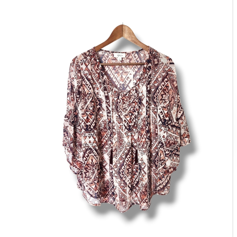 Style & Co Geo-Print Multicolor Pintuck Boho Peasant Top | 1X